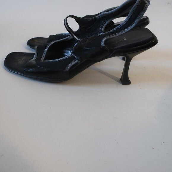 Authentic Prada Black Gray Trim Mixed Media Leather Trim Slingback Heels 7.5 - Picture 6 of 14